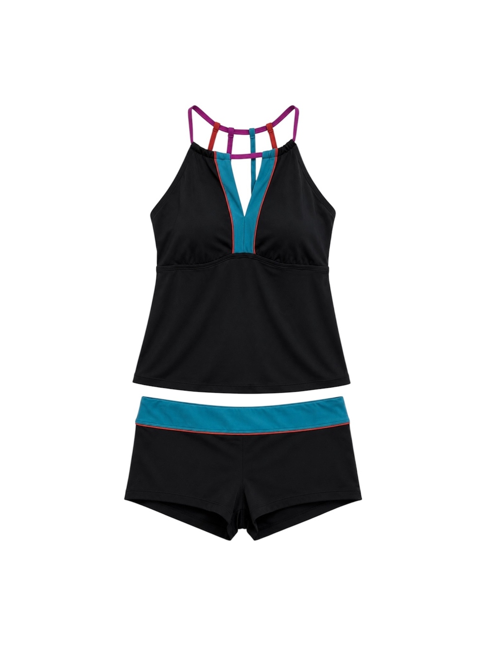South Point Black Colorful Strappy Tankini and Shorts Two Piece Swim Set Size 10